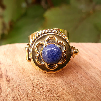 Gold Poison Ring / Brass & Lapis Lazuli / Alchemy / Locket Ring / Boho / Bohemian / Psy / Rustic / Tribal / Gypsy / Festival / Pierre bleu