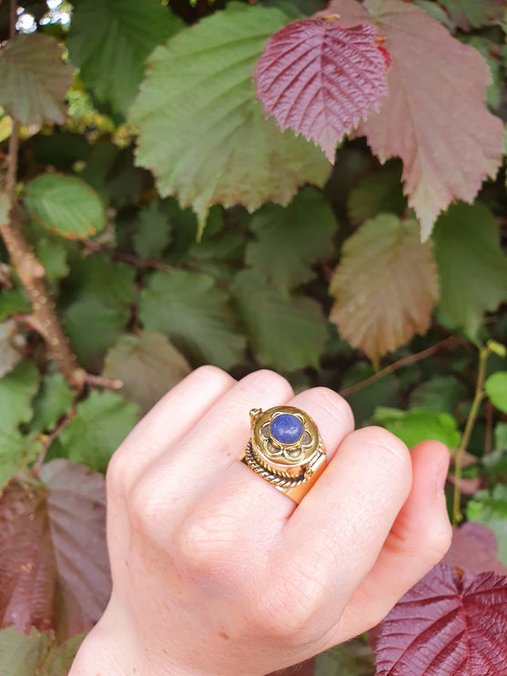 Gold Poison Ring / Brass & Lapis Lazuli / Alchemy / Locket Ring / Boho / Bohemian / Psy / Rustic / Tribal / Gypsy / Festival / Pierre bleu