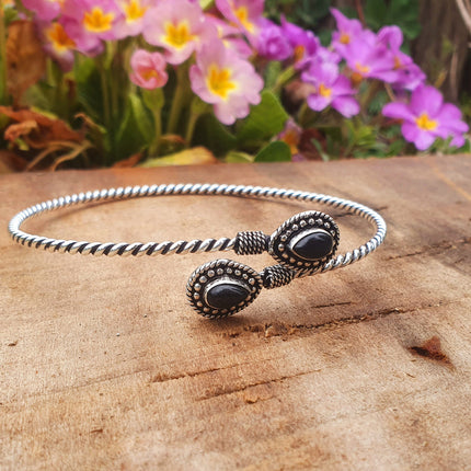 Silver Arm Bracelet Black Onyx / Tribal / Spiral / Boho / Bangle/ Ethnic / Rustic / Bohemian / Hippie / Gypsy / Psy / Adjustable