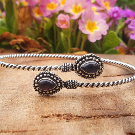 Silver Arm Bracelet Black Onyx / Tribal / Spiral / Boho / Bangle/ Ethnic / Rustic / Bohemian / Hippie / Gypsy / Psy / Adjustable