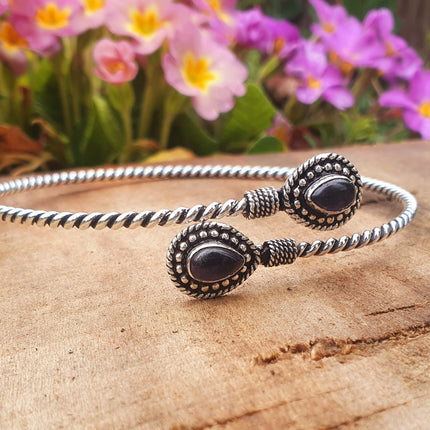 Silver Arm Bracelet Black Onyx / Tribal / Spiral / Boho / Bangle/ Ethnic / Rustic / Bohemian / Hippie / Gypsy / Psy / Adjustable