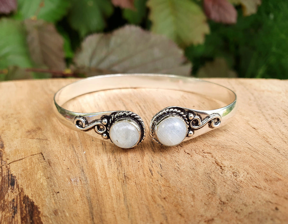 Moonstone Bracelet / Silver Bangle / Ethnic / Rustic / Bohemian / Hippie / Gypsy / Psy / Chic / Jewellery / Body / Adjustable