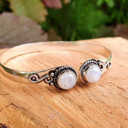 Moonstone Bracelet / Silver Bangle / Ethnic / Rustic / Bohemian / Hippie / Gypsy / Psy / Chic / Jewellery / Body / Adjustable