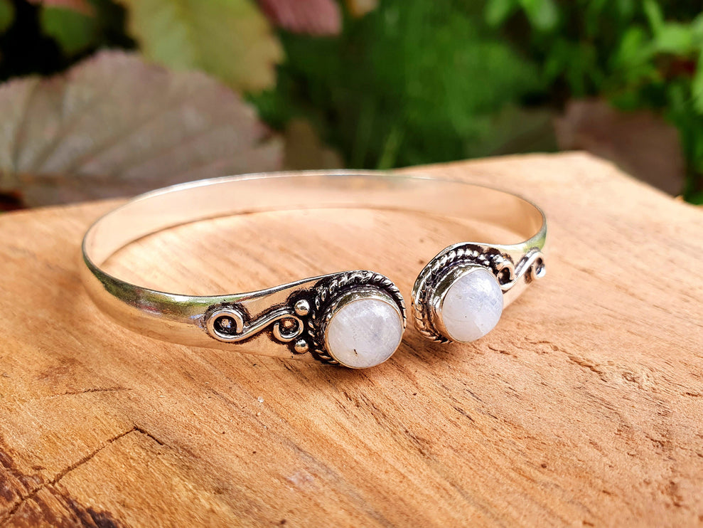 Moonstone Bracelet / Silver Bangle / Ethnic / Rustic / Bohemian / Hippie / Gypsy / Psy / Chic / Jewellery / Body / Adjustable