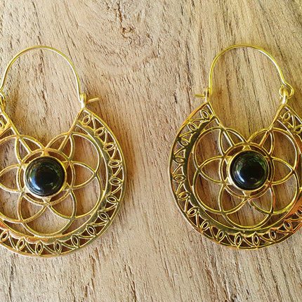 Black Onyx & Brass Hoop Ethnic Earrings , rustic, yoga, hippie, gypsy, pretty, psy, boho, bohemian, festival