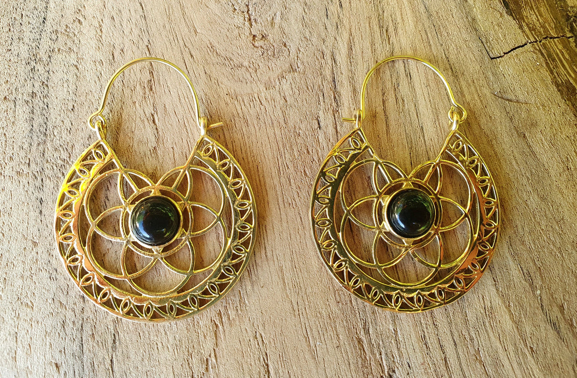 Black Onyx & Brass Hoop Ethnic Earrings , rustic, yoga, hippie, gypsy, pretty, psy, boho, bohemian, festival