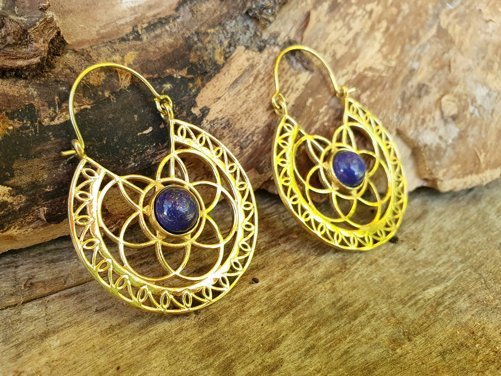 Golden Ethnic Lapis Lazuli Earrings Ethnic, Blue Stone , rustic, yoga, hippie, gypsy, pretty, psy, boho, bohemian, festival