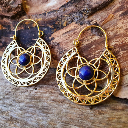 Golden Ethnic Lapis Lazuli Earrings Ethnic, Blue Stone , rustic, yoga, hippie, gypsy, pretty, psy, boho, bohemian, festival