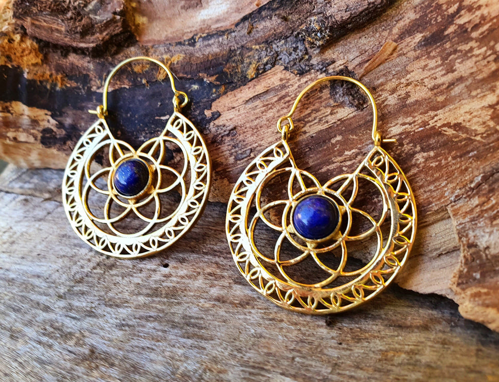 Golden Ethnic Lapis Lazuli Earrings Ethnic, Blue Stone , rustic, yoga, hippie, gypsy, pretty, psy, boho, bohemian, festival