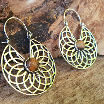Tiger Eye & Silver Hoop Earrings Ethnic, rustic, yoga, hippie, gypsy, pretty, psy, boho, bohemian, festival