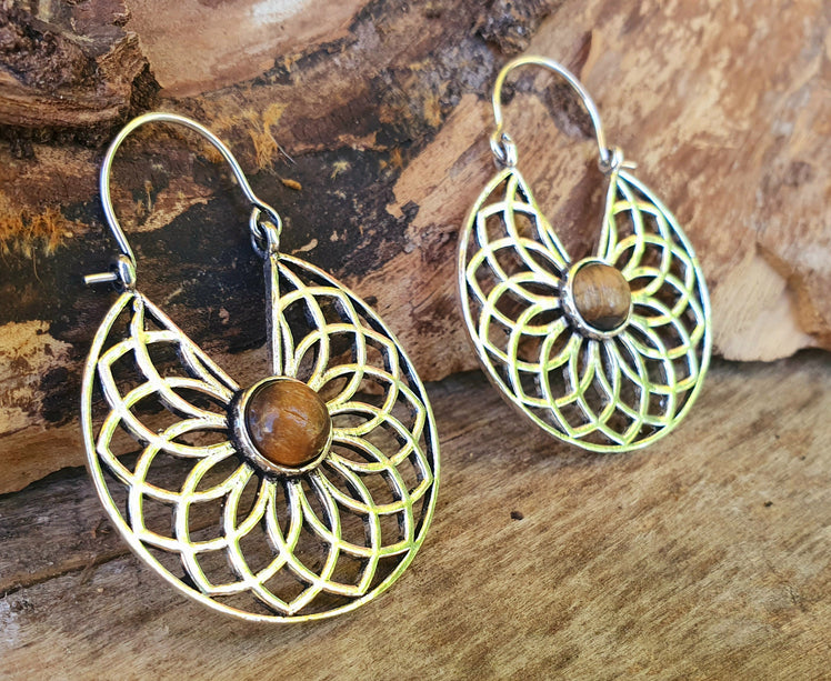 Tiger Eye & Silver Hoop Earrings Ethnic, rustic, yoga, hippie, gypsy, pretty, psy, boho, bohemian, festival