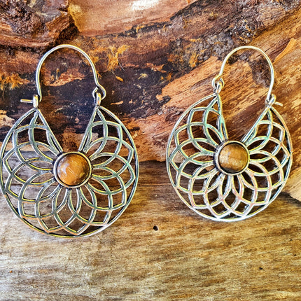 Tiger Eye & Silver Hoop Earrings Ethnic, rustic, yoga, hippie, gypsy, pretty, psy, boho, bohemian, festival