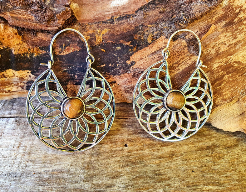 Tiger Eye & Silver Hoop Earrings Ethnic, rustic, yoga, hippie, gypsy, pretty, psy, boho, bohemian, festival