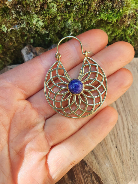 Golden Ethnic Lapis Lazuli Earrings Ethnic, Blue Stone , rustic, yoga, hippie, gypsy, pretty, psy, boho, bohemian, festival