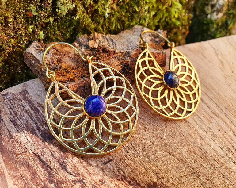 Golden Ethnic Lapis Lazuli Earrings Ethnic, Blue Stone , rustic, yoga, hippie, gypsy, pretty, psy, boho, bohemian, festival