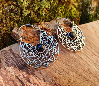 Aztec Black Onyx Silver Hoop Earrings Ethnic, rustic, yoga, hippie, gypsy, pretty, psy, boho, bohemian, festival