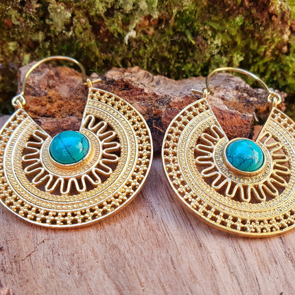 Golden Ethnic Turquoise Earrings Ethnic, rustic, yoga, hippie, gypsy, pretty, psy, boho, bohemian, festival