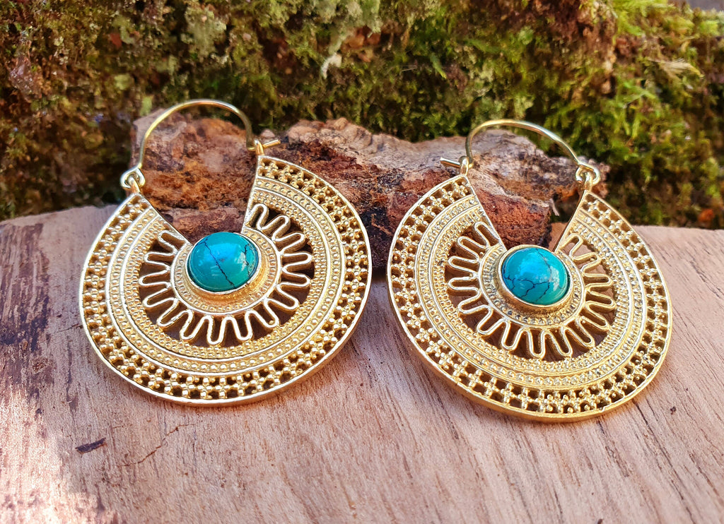 Golden Ethnic Turquoise Earrings Ethnic, rustic, yoga, hippie, gypsy, pretty, psy, boho, bohemian, festival