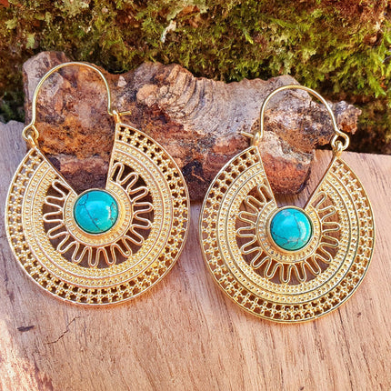 Golden Ethnic Turquoise Earrings Ethnic, rustic, yoga, hippie, gypsy, pretty, psy, boho, bohemian, festival