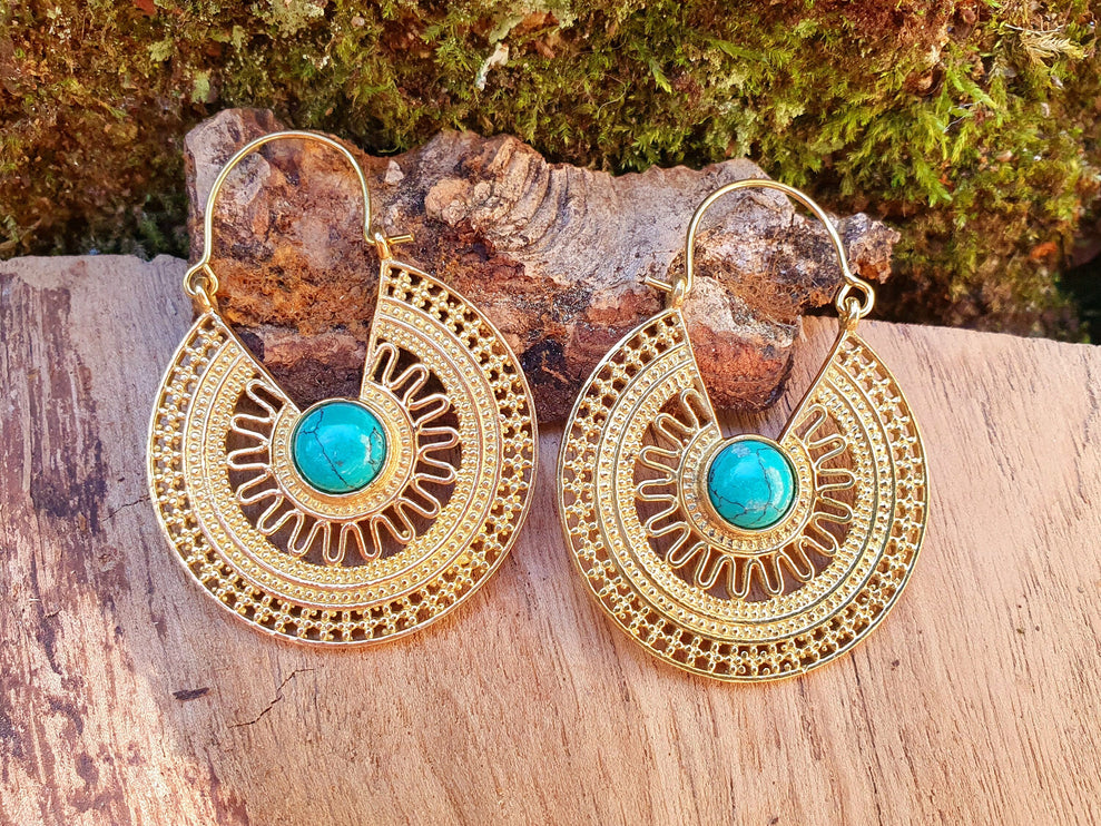 Golden Ethnic Turquoise Earrings Ethnic, rustic, yoga, hippie, gypsy, pretty, psy, boho, bohemian, festival