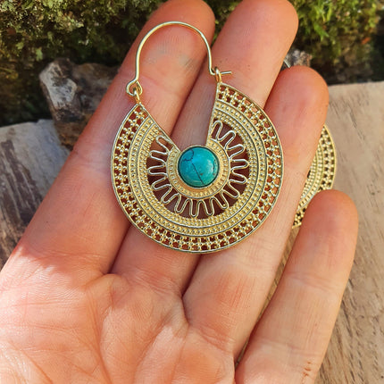 Golden Ethnic Turquoise Earrings Ethnic, rustic, yoga, hippie, gypsy, pretty, psy, boho, bohemian, festival