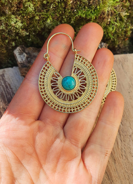 Golden Ethnic Turquoise Earrings Ethnic, rustic, yoga, hippie, gypsy, pretty, psy, boho, bohemian, festival