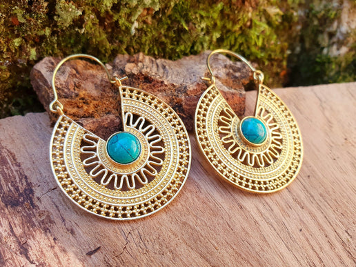 Golden Ethnic Turquoise Earrings Ethnic, rustic, yoga, hippie, gypsy, pretty, psy, boho, bohemian, festival