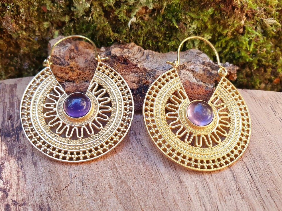 Golden Amethyst Earrings Ethnic, rustic, yoga, hippie, gypsy, pretty, psy, boho, bohemian, festival