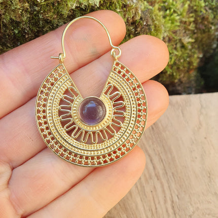 Golden Amethyst Earrings Ethnic, rustic, yoga, hippie, gypsy, pretty, psy, boho, bohemian, festival