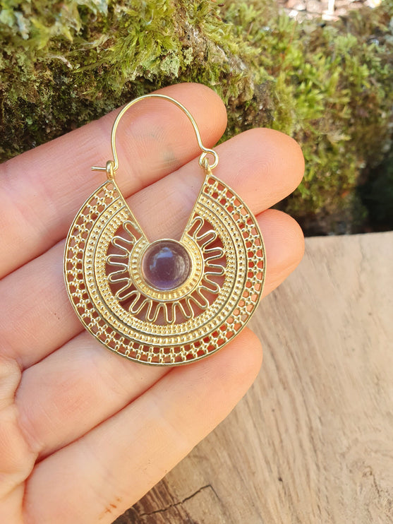 Golden Amethyst Earrings Ethnic, rustic, yoga, hippie, gypsy, pretty, psy, boho, bohemian, festival