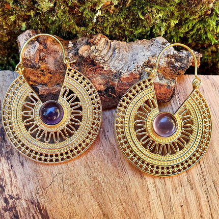 Golden Amethyst Earrings Ethnic, rustic, yoga, hippie, gypsy, pretty, psy, boho, bohemian, festival