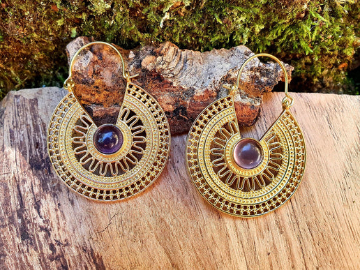 Golden Amethyst Earrings Ethnic, rustic, yoga, hippie, gypsy, pretty, psy, boho, bohemian, festival