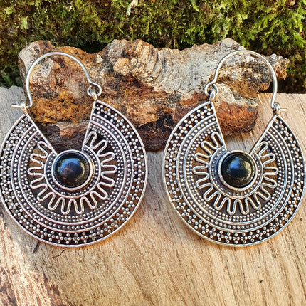 Ethnic Black Onyx Silver Hoop Earrings Ethnic, rustic, yoga, hippie, gypsy, pretty, psy, boho, bohemian, festival