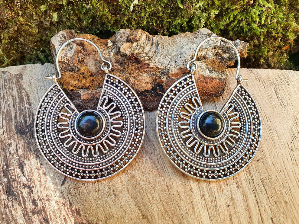 Ethnic Black Onyx Silver Hoop Earrings Ethnic, rustic, yoga, hippie, gypsy, pretty, psy, boho, bohemian, festival