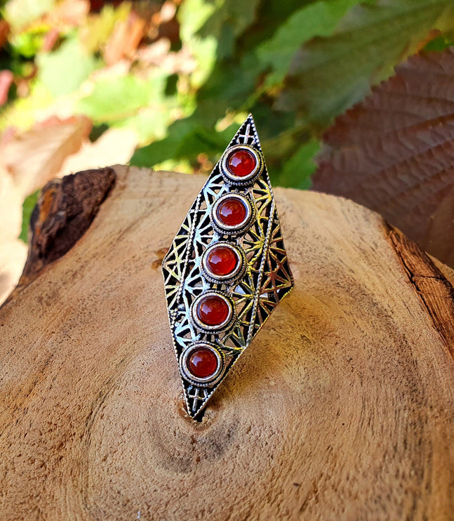 Grenat Rouge Bague Géométrique Mandala / Laiton Etoile / Ethnique / Rustique / Hippie / Quartz / Bouddha / Tribal / Gypsy / Boho