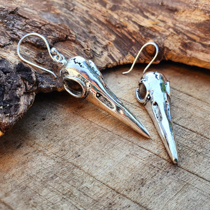 Silver Raven Skull Earrings / Bird Skull / Viking / Nordic / Gothic / Punk / Taxidermy / Witchcraft / Drop Earrings / Animal Earrings