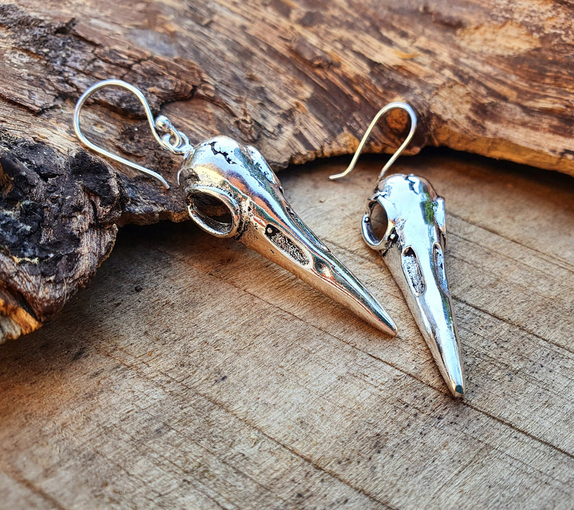 Silver Raven Skull Earrings / Bird Skull / Viking / Nordic / Gothic / Punk / Taxidermy / Witchcraft / Drop Earrings / Animal Earrings