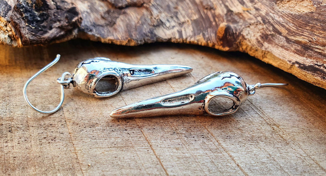 Silver Raven Skull Earrings / Bird Skull / Viking / Nordic / Gothic / Punk / Taxidermy / Witchcraft / Drop Earrings / Animal Earrings