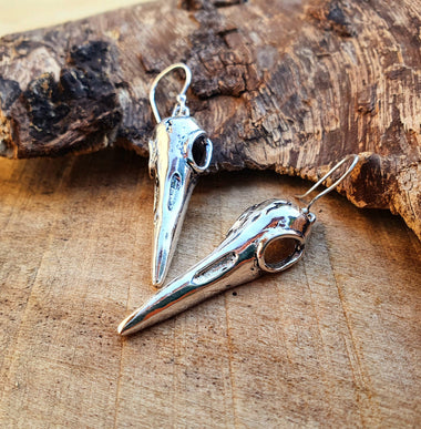 Silver Raven Skull Earrings / Bird Skull / Viking / Nordic / Gothic / Punk / Taxidermy / Witchcraft / Drop Earrings / Animal Earrings