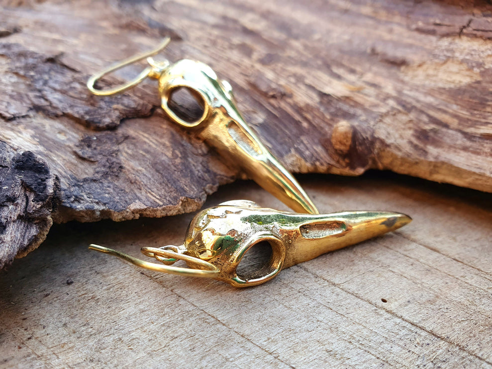 Gold Raven Skull Earrings / Bird Skull / Viking / Nordic / Gothic / Punk / Taxidermy / Witchcraft / Drop Earrings / Animal Earrings