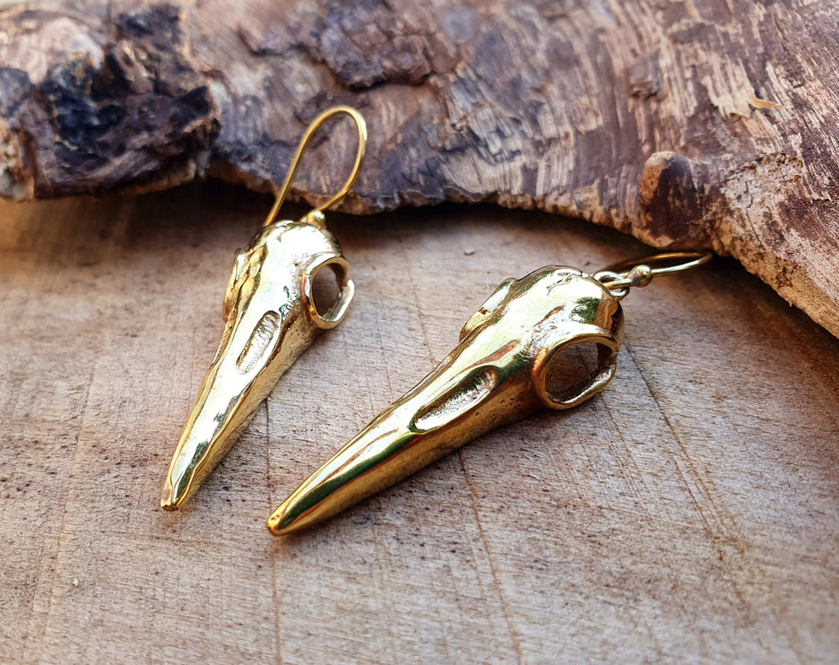 Gold Raven Skull Earrings / Bird Skull / Viking / Nordic / Gothic / Punk / Taxidermy / Witchcraft / Drop Earrings / Animal Earrings