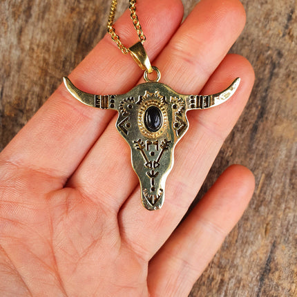 Golden Cow Necklace / Black Onyx / Talisman / Native American / Third Eye / Hypoallergenic / Brass / Boho / Inca / Ethnic / Illuminati