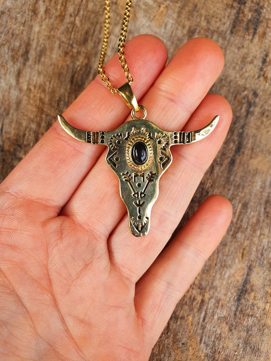 Golden Cow Necklace / Black Onyx / Talisman / Native American / Third Eye / Hypoallergenic / Brass / Boho / Inca / Ethnic / Illuminati