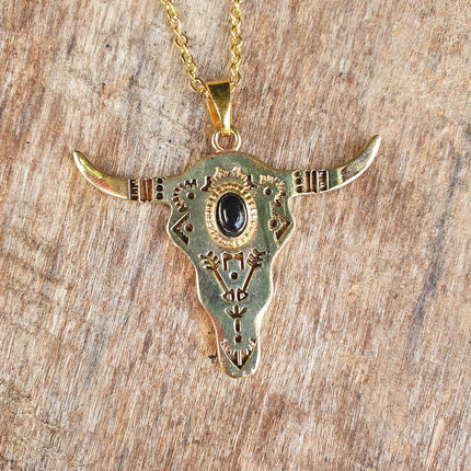 Golden Cow Necklace / Black Onyx / Talisman / Native American / Third Eye / Hypoallergenic / Brass / Boho / Inca / Ethnic / Illuminati