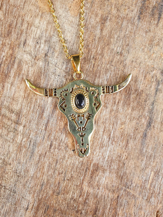 Golden Cow Necklace / Black Onyx / Talisman / Native American / Third Eye / Hypoallergenic / Brass / Boho / Inca / Ethnic / Illuminati