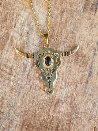 Golden Cow Necklace / Black Onyx / Talisman / Native American / Third Eye / Hypoallergenic / Brass / Boho / Inca / Ethnic / Illuminati