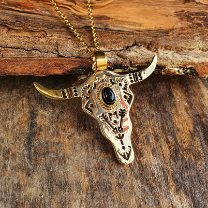 Golden Cow Necklace / Black Onyx / Talisman / Native American / Third Eye / Hypoallergenic / Brass / Boho / Inca / Ethnic / Illuminati