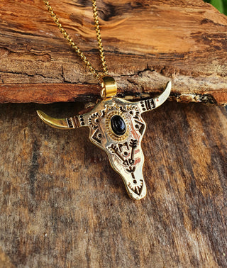 Golden Cow Necklace / Black Onyx / Talisman / Native American / Third Eye / Hypoallergenic / Brass / Boho / Inca / Ethnic / Illuminati