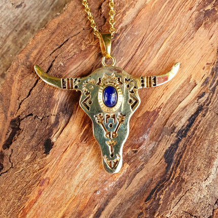 Golden Cow Necklace / Lapis Lazuli / Talisman / Native American / Third Eye / Hypoallergenic / Brass / Boho / Inca / Ethnic / Illuminati