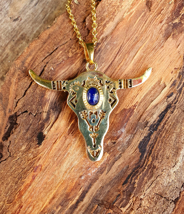 Golden Cow Necklace / Lapis Lazuli / Talisman / Native American / Third Eye / Hypoallergenic / Brass / Boho / Inca / Ethnic / Illuminati